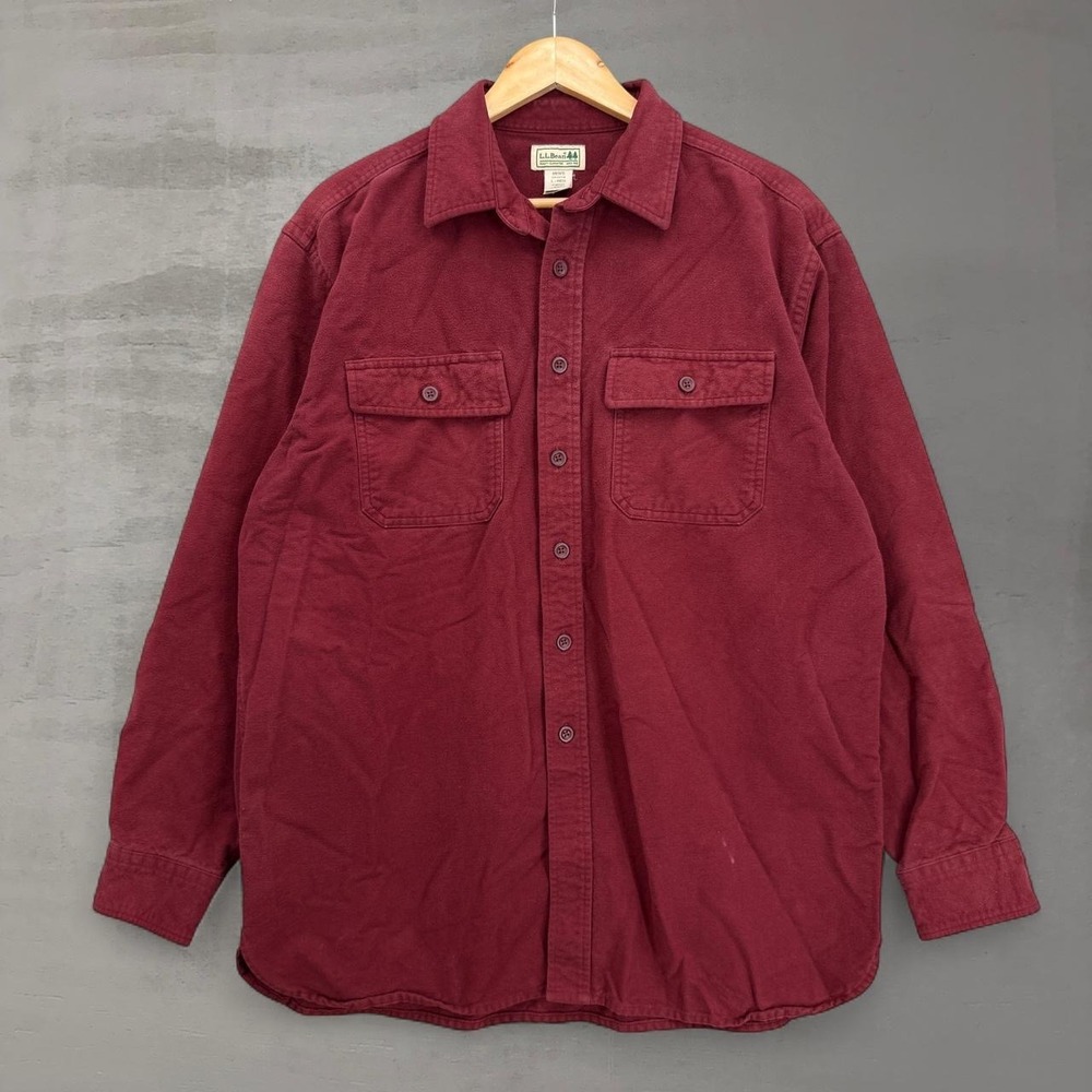 L.L.Bean Chamois Shirt Burgundy Red Heavyweight Cotton Flannel Large L-REG